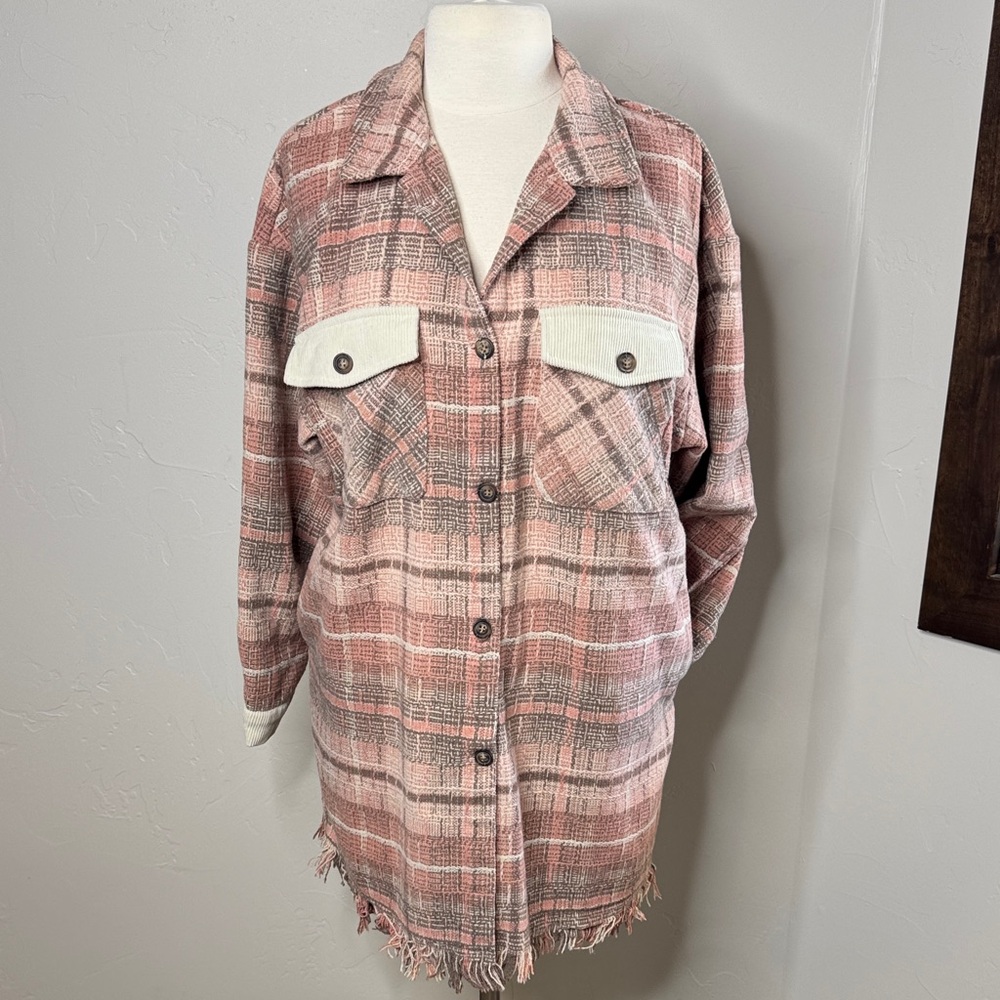 Pink Mocha and Cream Plaid Jacket Shacket Two Side Pockets Two Chest Pockets